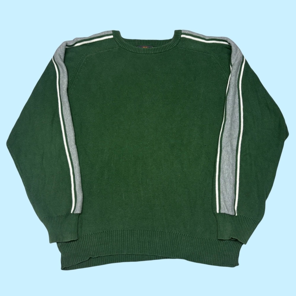 Route 66 Mens Forest Green Cotton Knit Striped Sleeve Crewneck Sweater M